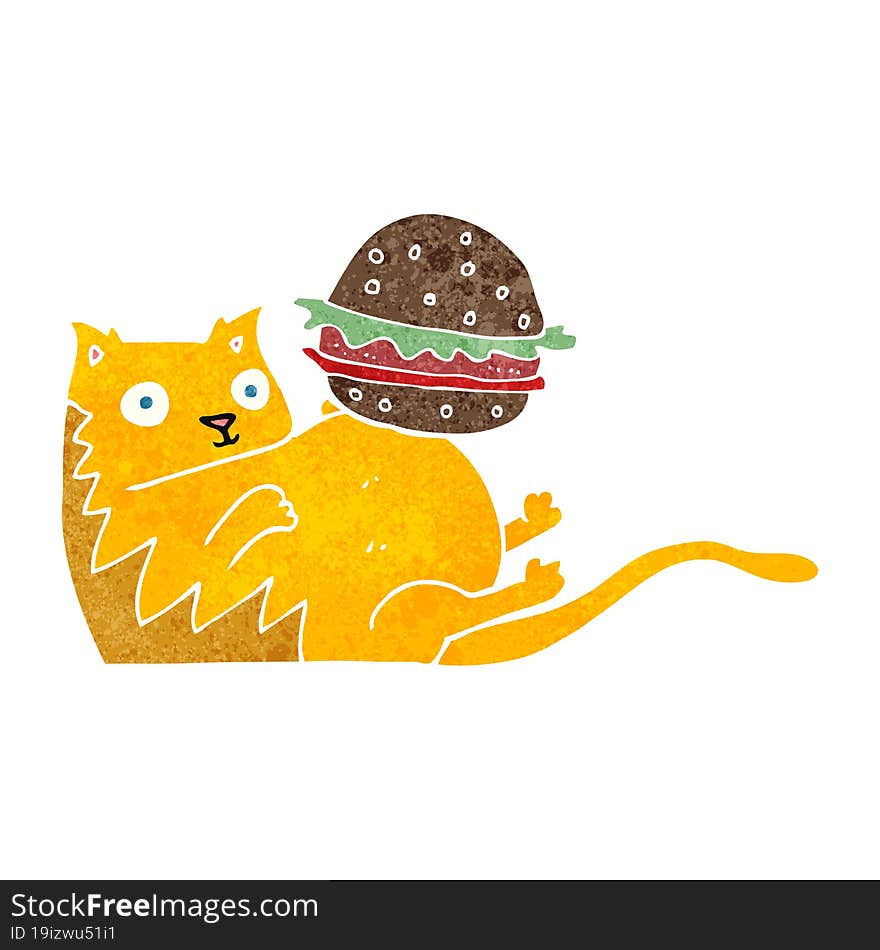 freehand retro cartoon fat cat with burger