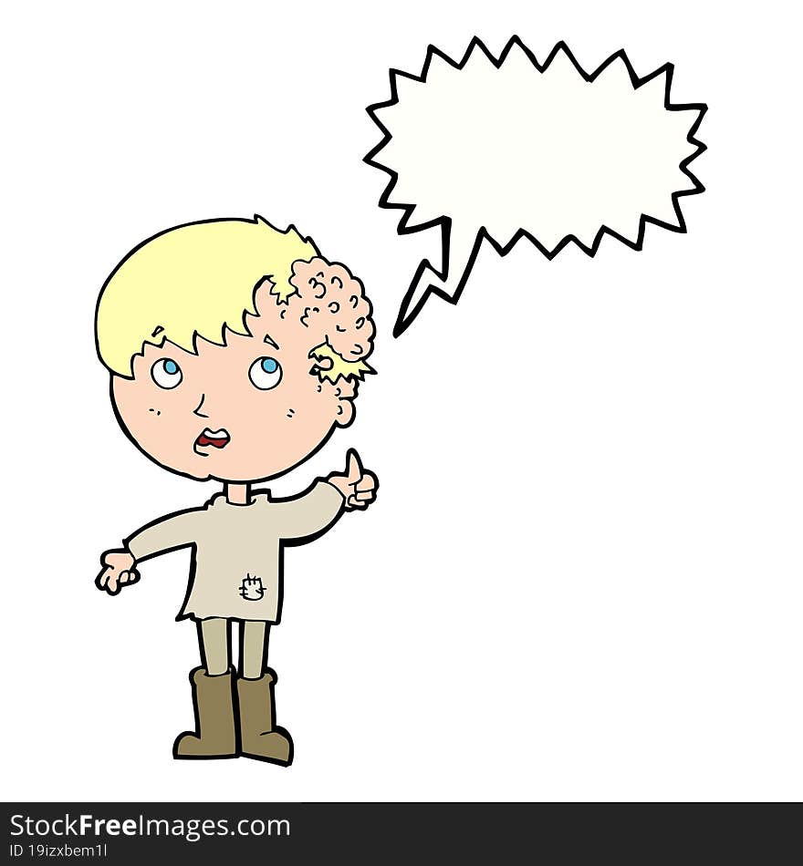 cartoon boy with growth on head with speech bubble