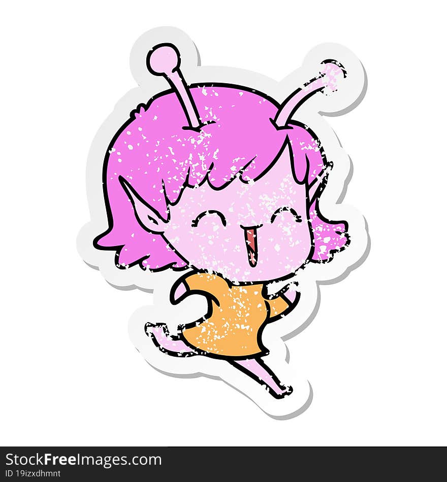 distressed sticker of a cartoon alien girl laughing