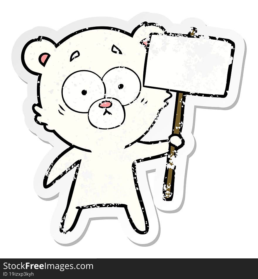 distressed sticker of a nervous polar bear cartoon with protest sign