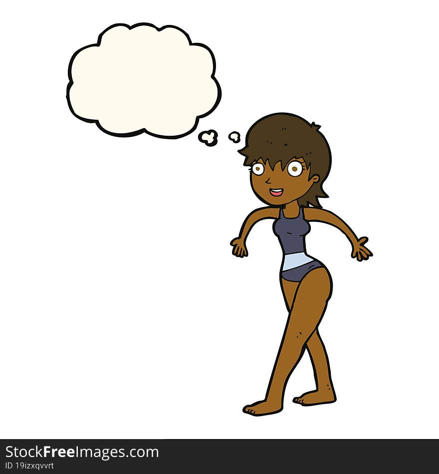 cartoon happy woman in swimming costume with thought bubble