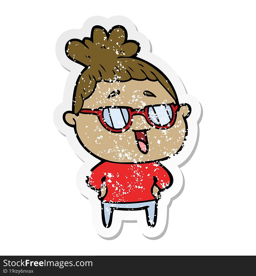 Distressed Sticker Of A Cartoon Happy Woman Wearing Spectacles