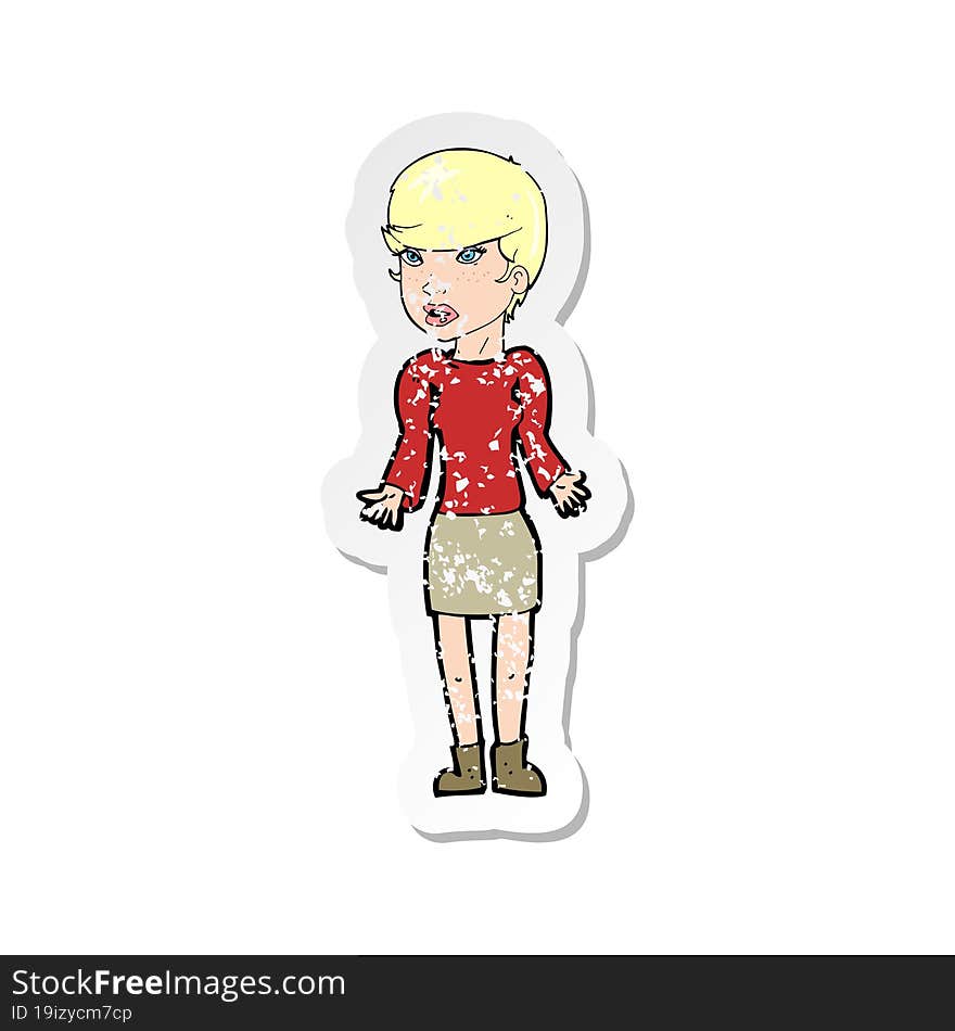 retro distressed sticker of a cartoon confused woman