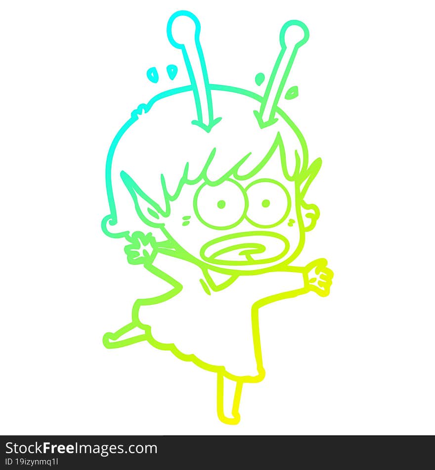 cold gradient line drawing of a cartoon shocked alien girl