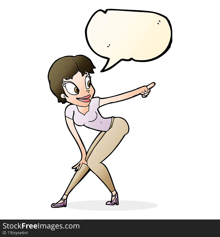 cartoon pretty woman pointing with speech bubble