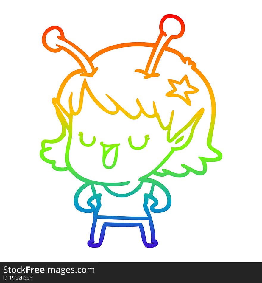 rainbow gradient line drawing happy alien girl cartoon