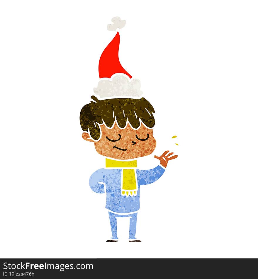 retro cartoon of a happy boy wearing santa hat