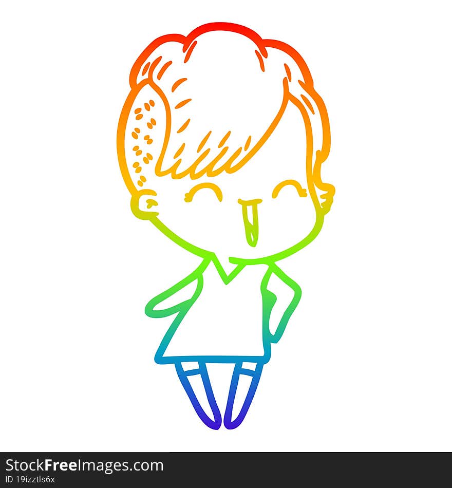 Rainbow Gradient Line Drawing Happy Cartoon Hipster Girl