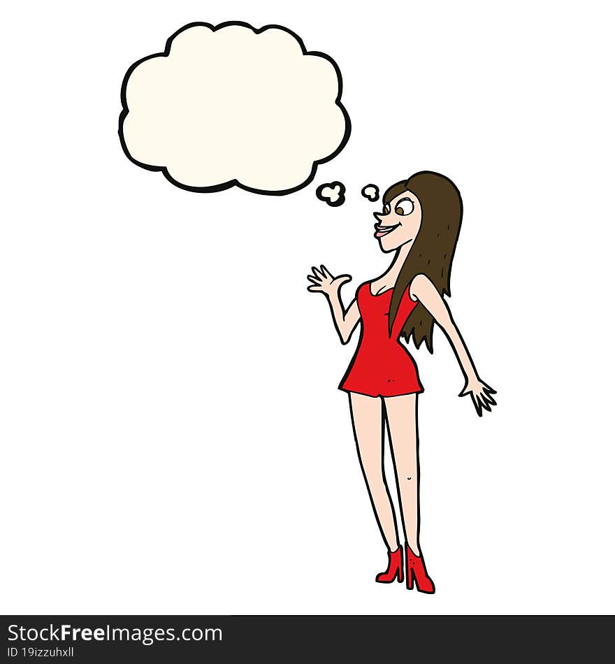 cartoon woman in pink dress with thought bubble