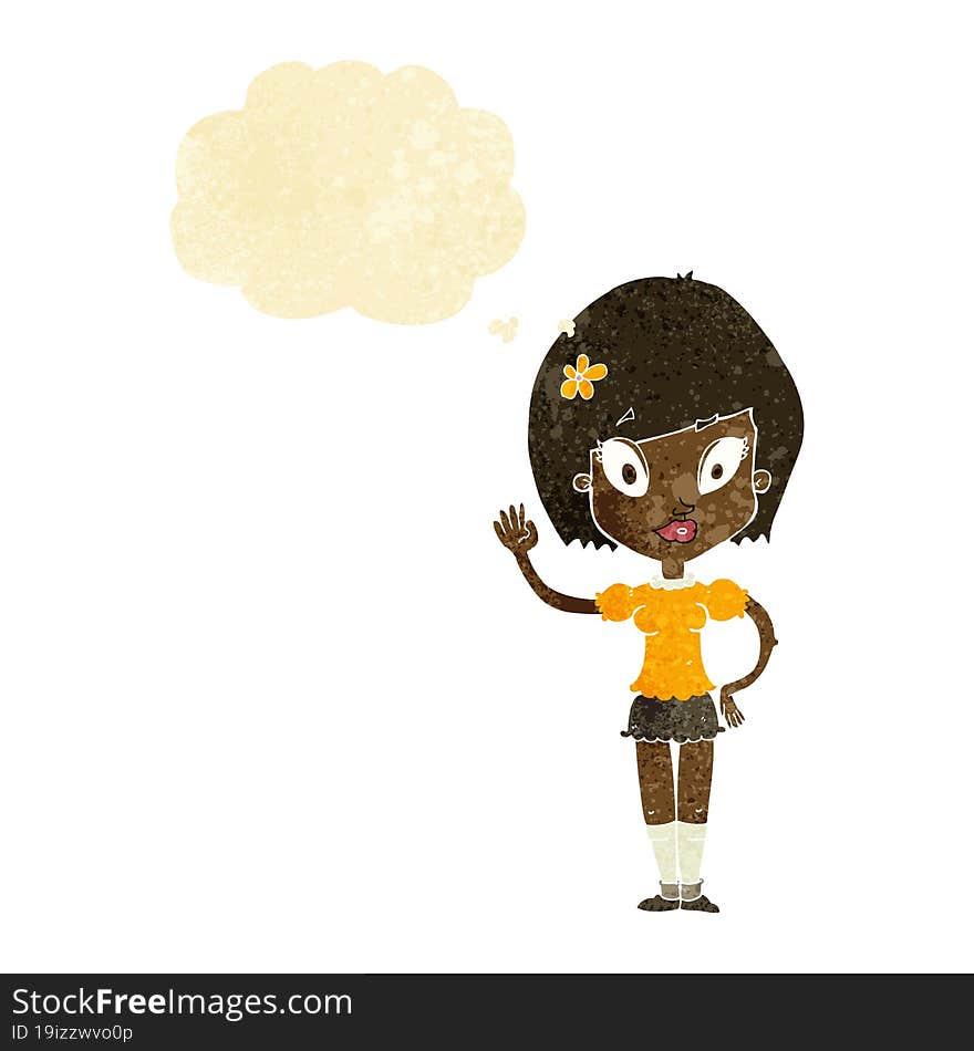 cartoon pretty girl waving with thought bubble