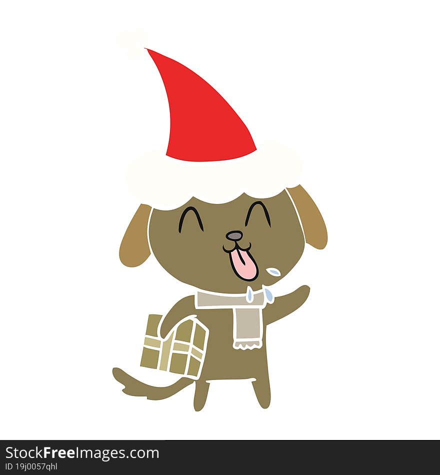 Cute Flat Color Illustration Of A Dog With Christmas Present Wearing Santa Hat