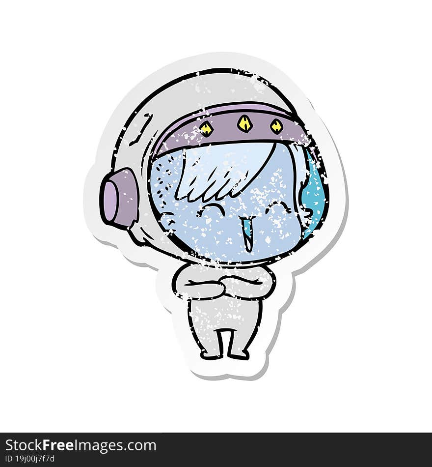 Distressed Sticker Of A Cartoon Laughing Astronaut Girl