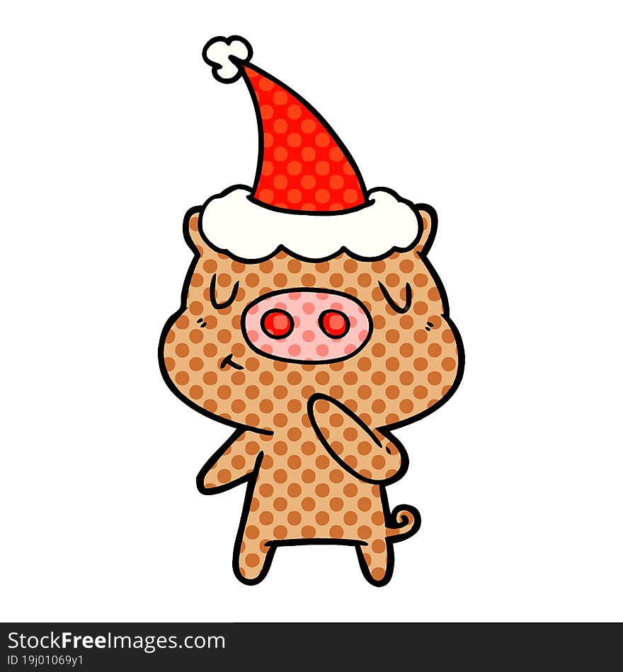 comic book style illustration of a content pig wearing santa hat