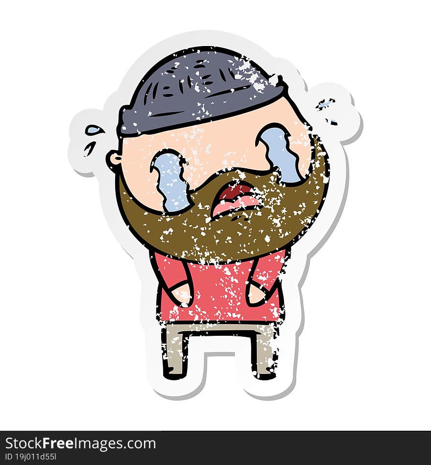 distressed sticker of a cartoon bearded man crying