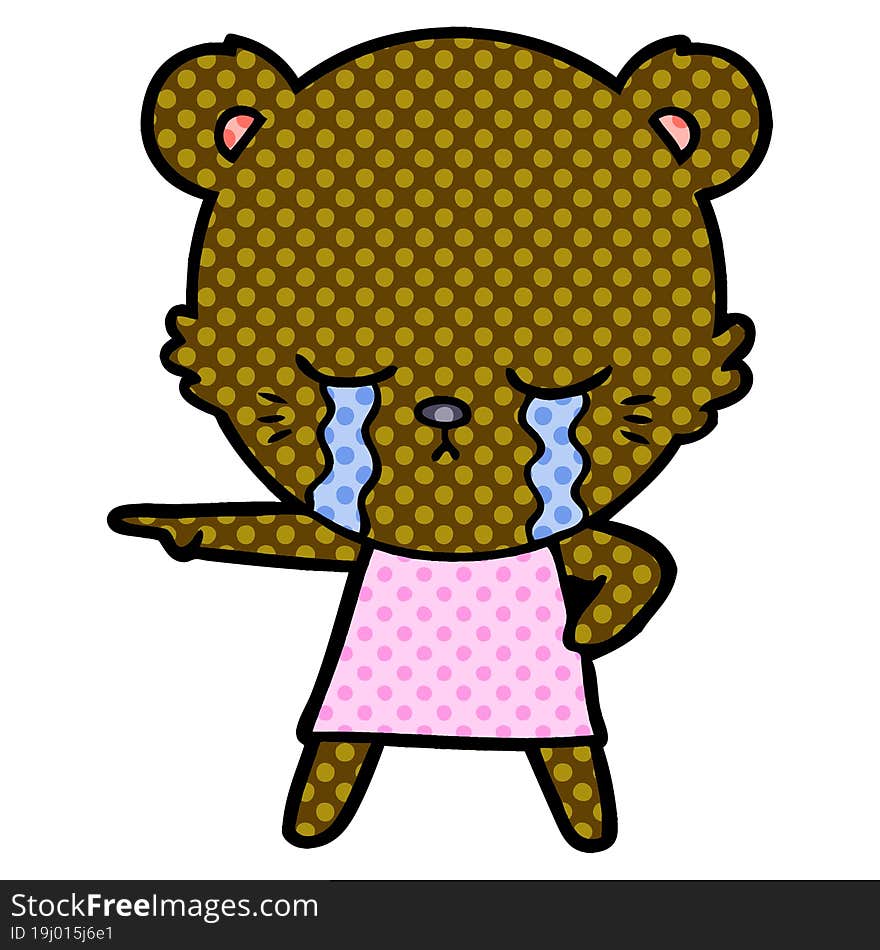 crying cartoon bear in dress pointing. crying cartoon bear in dress pointing