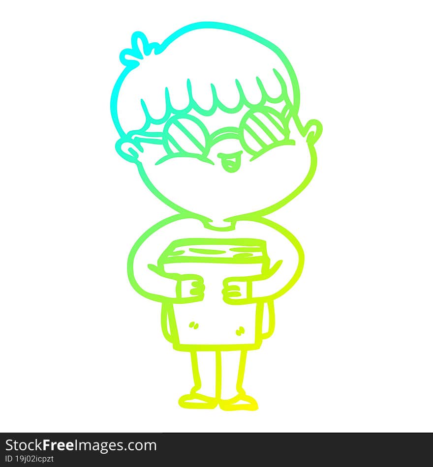 cold gradient line drawing cartoon boy wearing spectacles carrying book