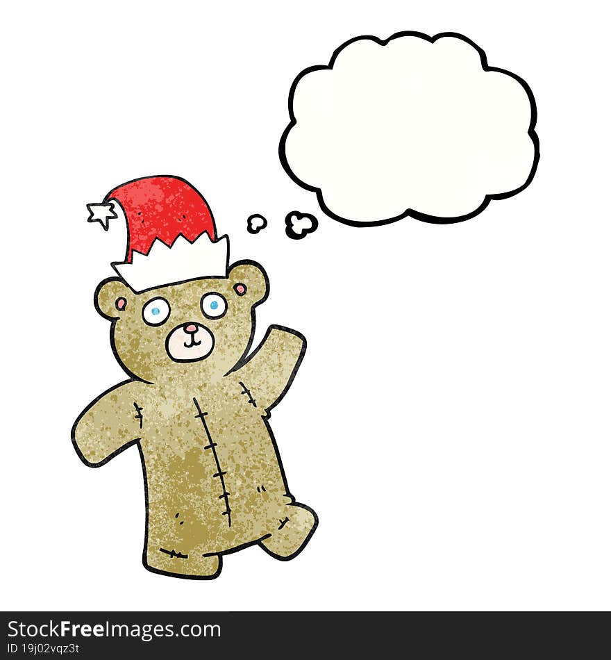 freehand drawn thought bubble textured cartoon teddy bear wearing christmas hat