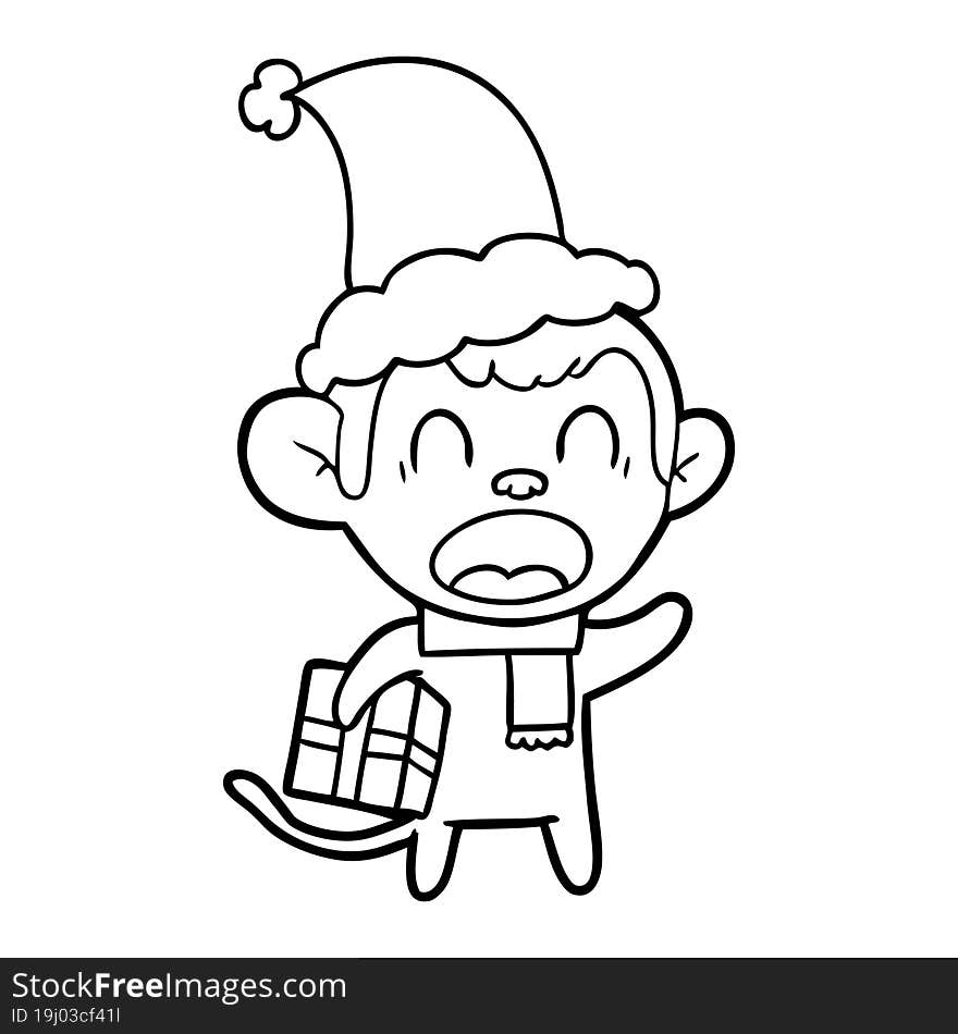 shouting line drawing of a monkey carrying christmas gift wearing santa hat