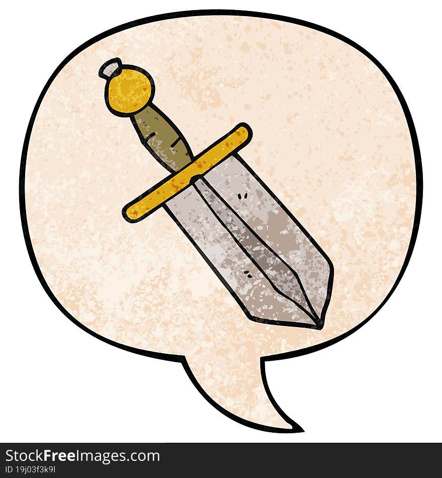 cartoon dagger and speech bubble in retro texture style