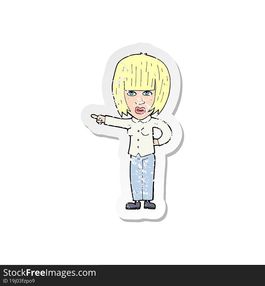 retro distressed sticker of a cartoon pointing annoyed woman