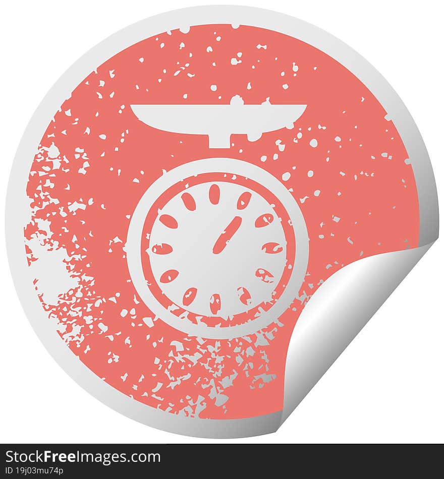 distressed circular peeling sticker symbol of a weighing scale