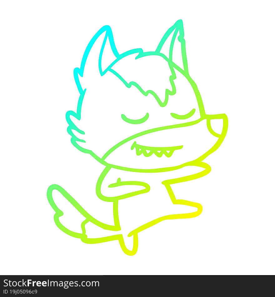 cold gradient line drawing of a friendly cartoon wolf dancer