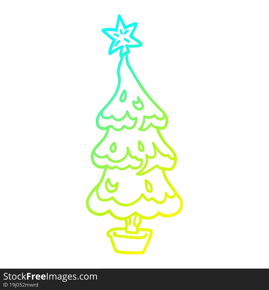 cold gradient line drawing of a cartoon snowy christmas tree