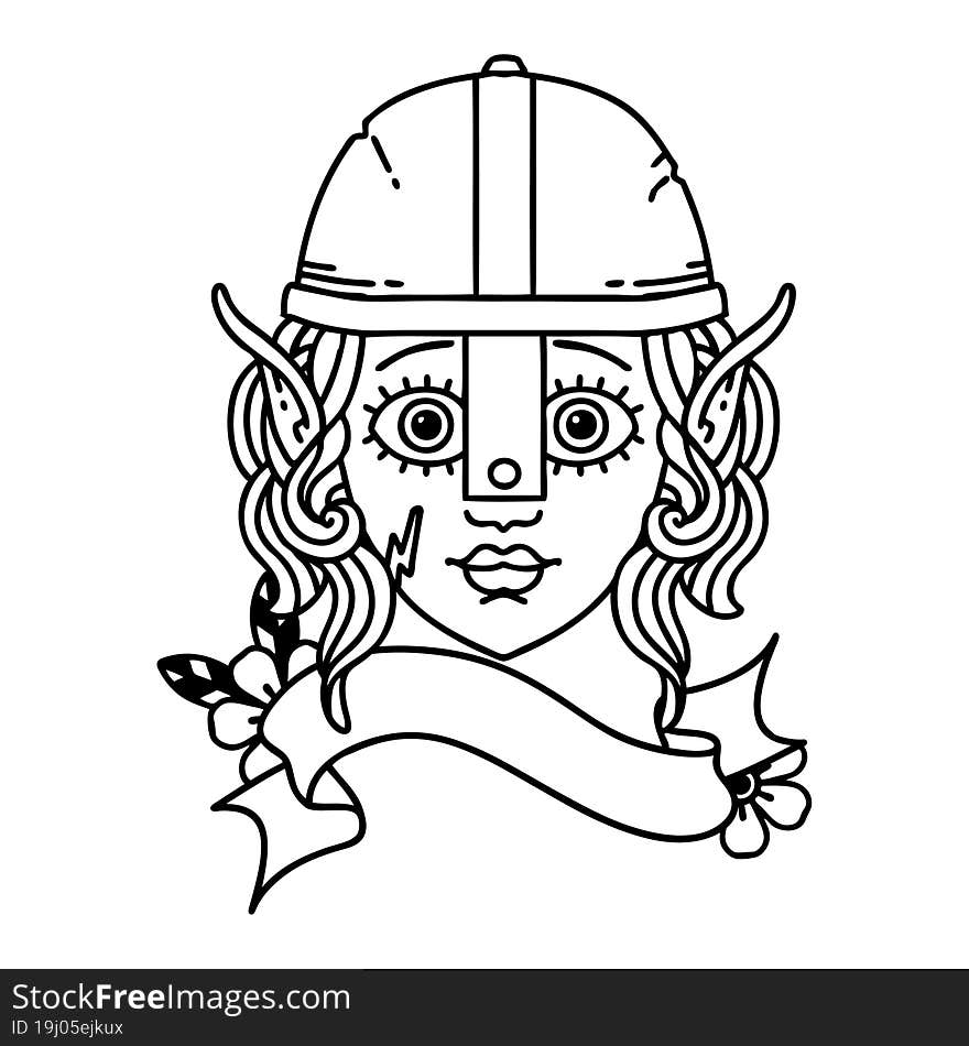 Black and White Tattoo linework Style elf fighter character face. Black and White Tattoo linework Style elf fighter character face