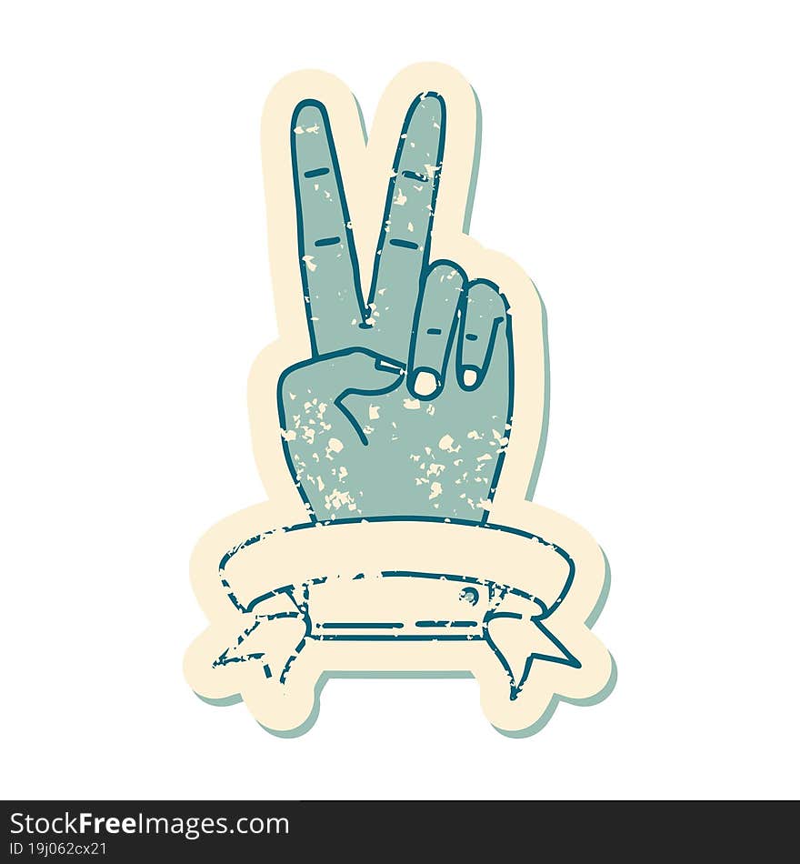 grunge sticker of a peace two finger hand gesture with banner. grunge sticker of a peace two finger hand gesture with banner