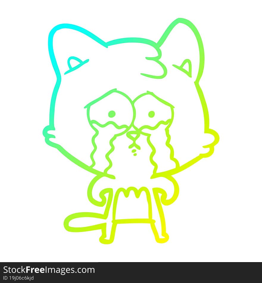 cold gradient line drawing of a cartoon crying cat