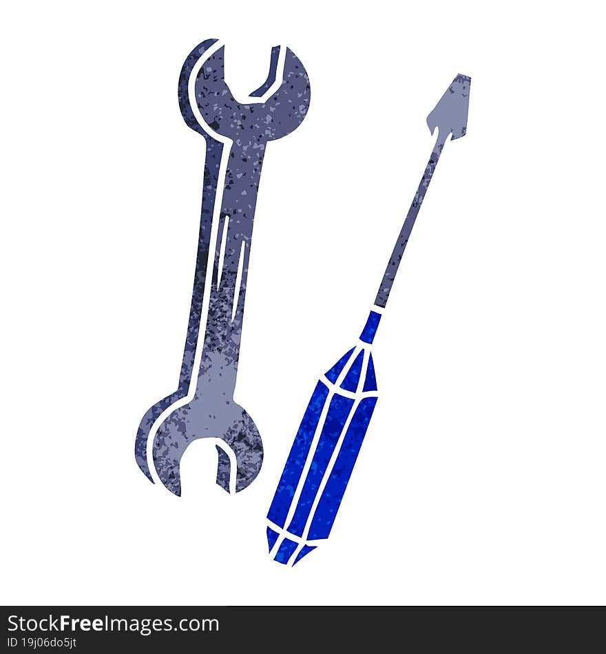 hand drawn retro cartoon doodle of a spanner and a screwdriver