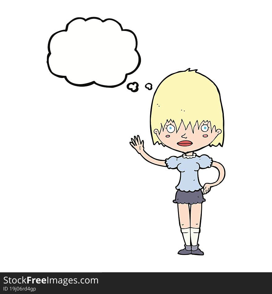 Cartoon Waving Woman With Thought Bubble