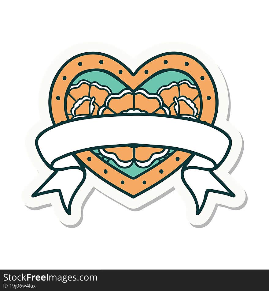 Tattoo Style Sticker Of A Heart And Banner With Flowers