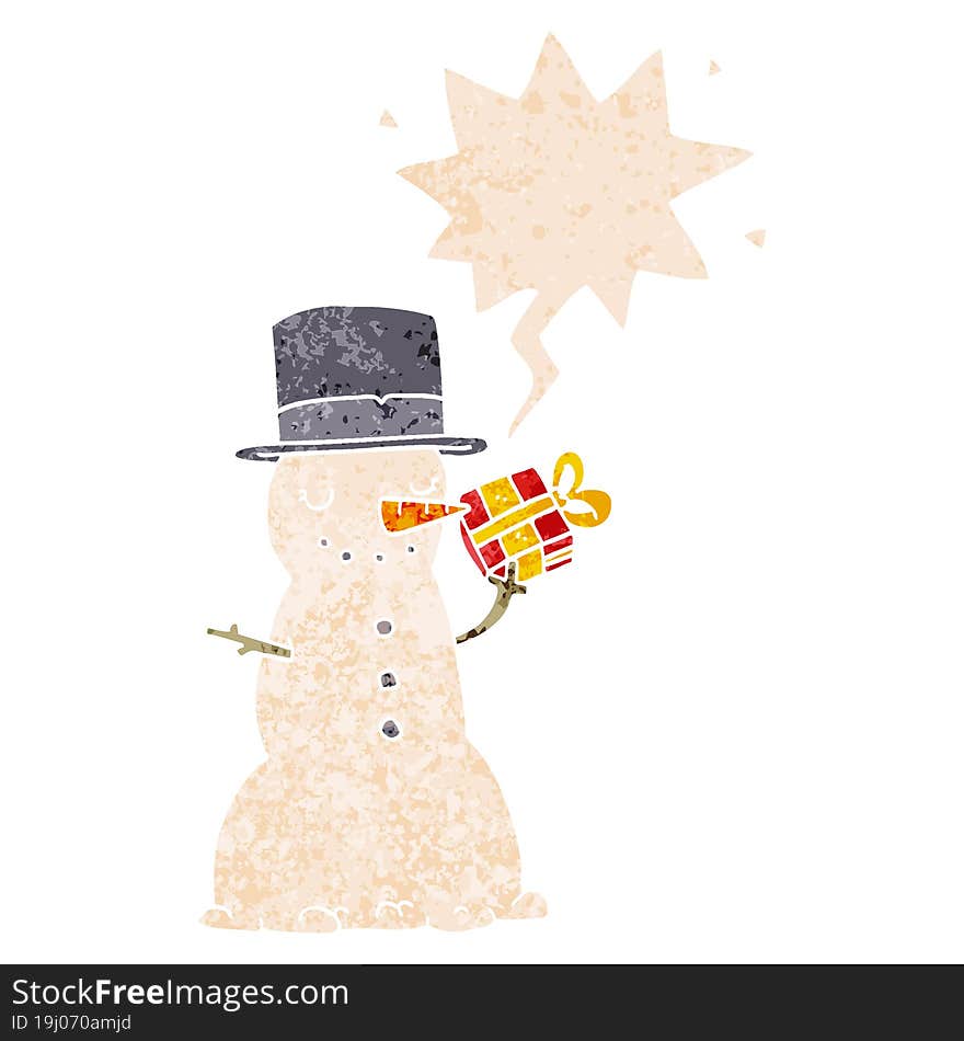 cartoon christmas snowman and speech bubble in retro textured style