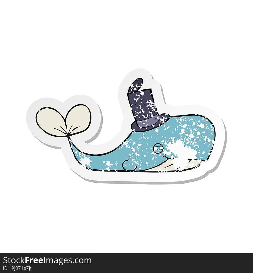 retro distressed sticker of a cartoon whale wearing hat