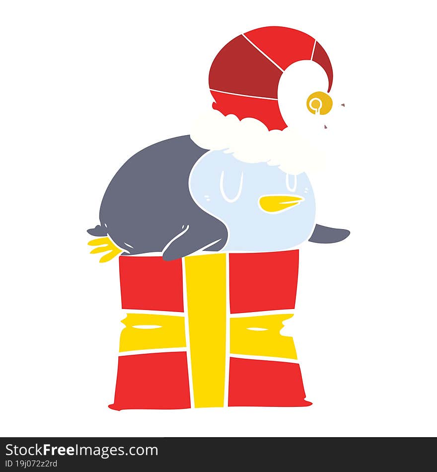 flat color style cartoon penguin wearing christmas hat