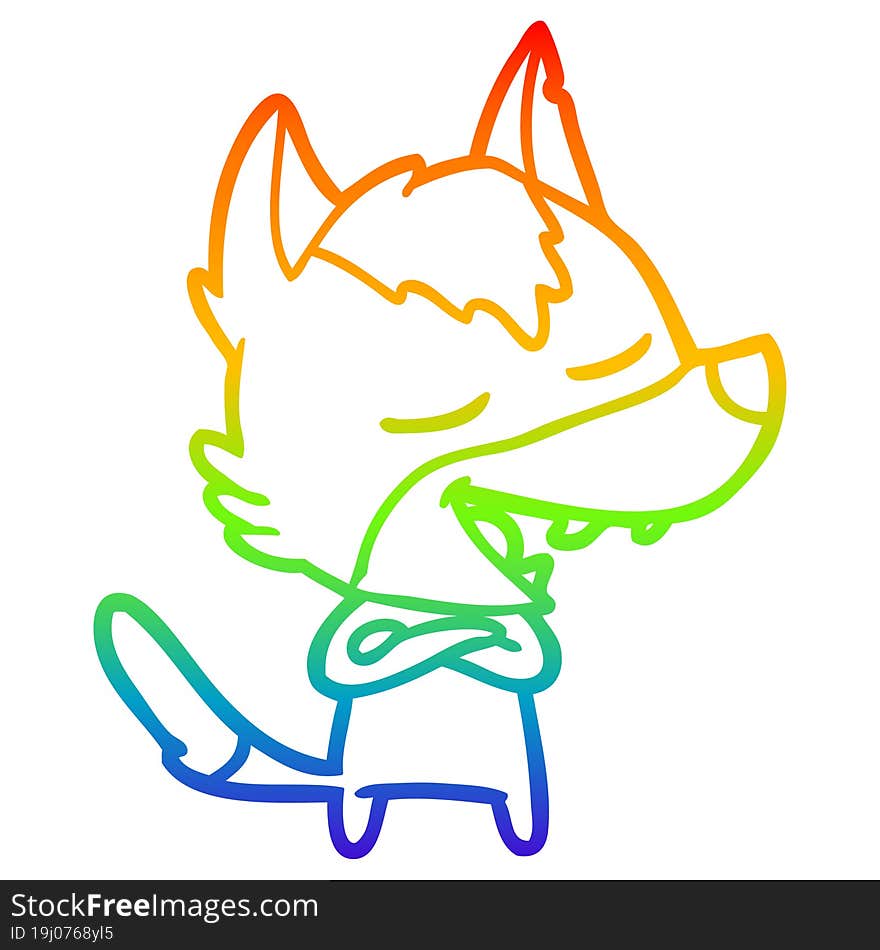 rainbow gradient line drawing of a cartoon wolf laughing