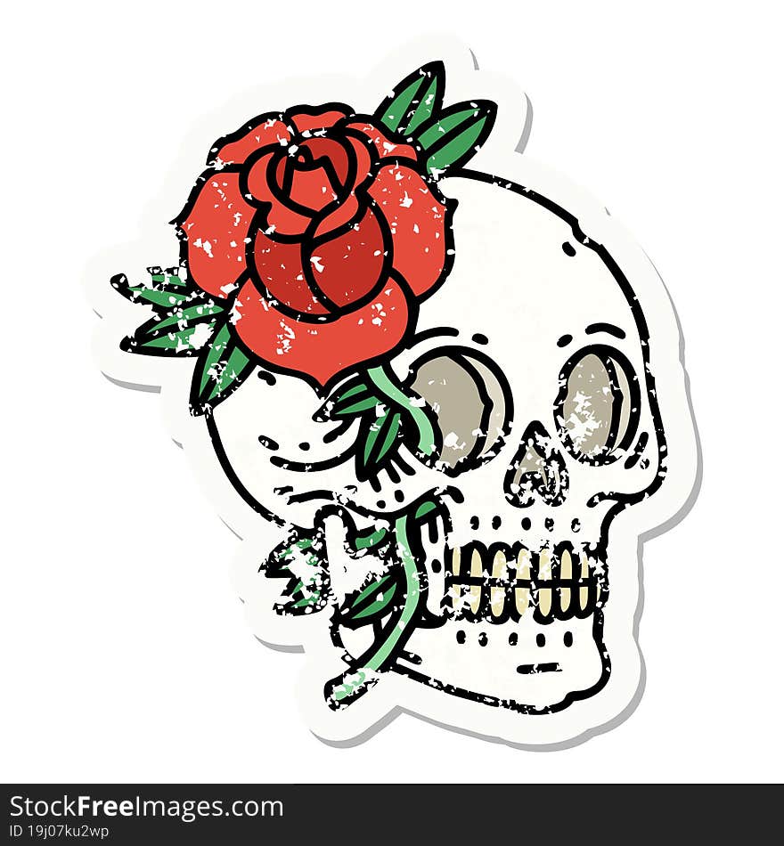 Traditional Distressed Sticker Tattoo Of A Skull And Rose