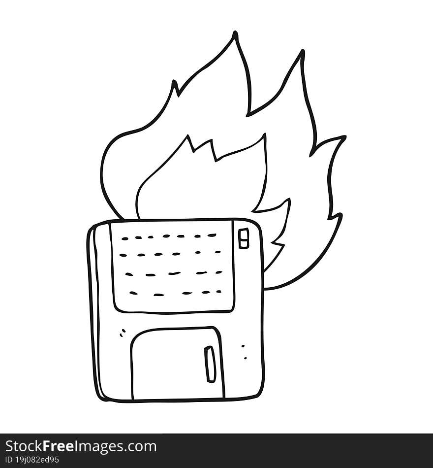 black and white cartoon old computer disk burning