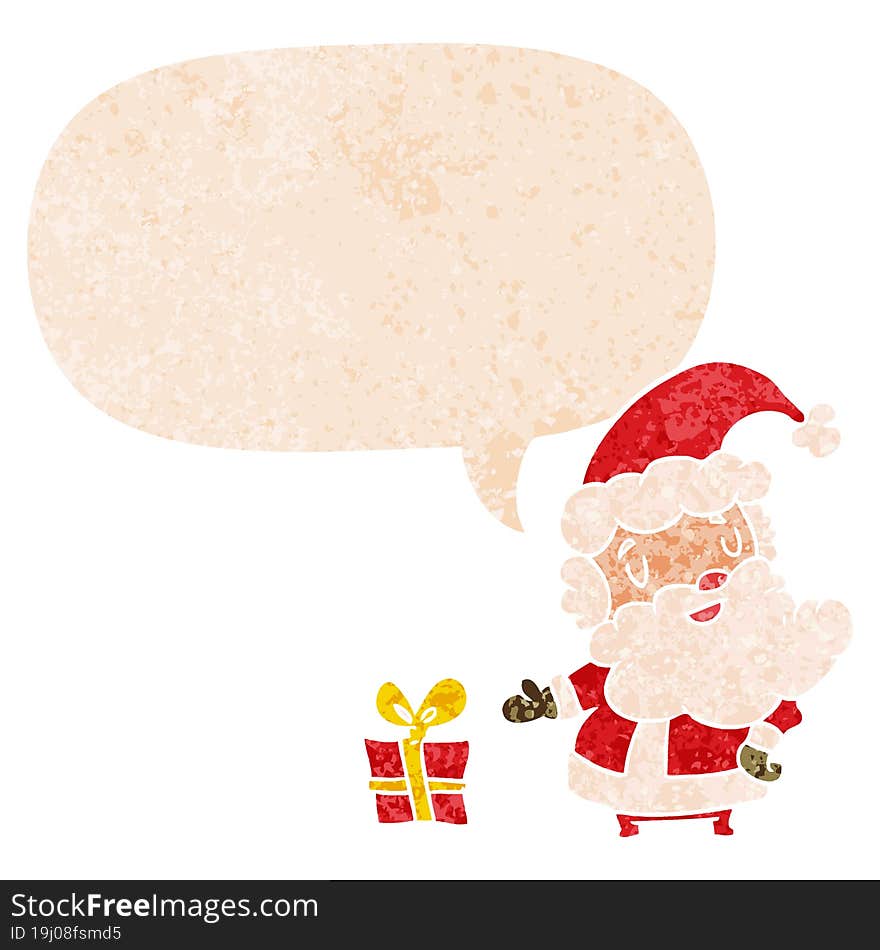 cartoon santa claus and speech bubble in retro textured style