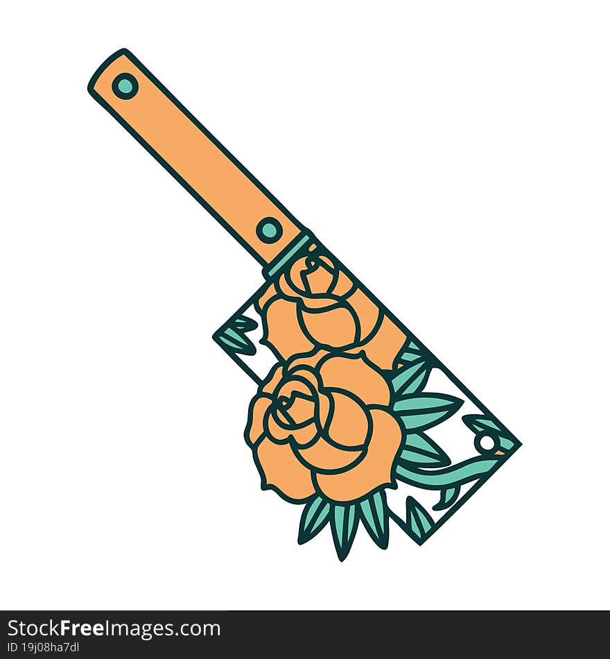 tattoo style icon of a cleaver and flowers