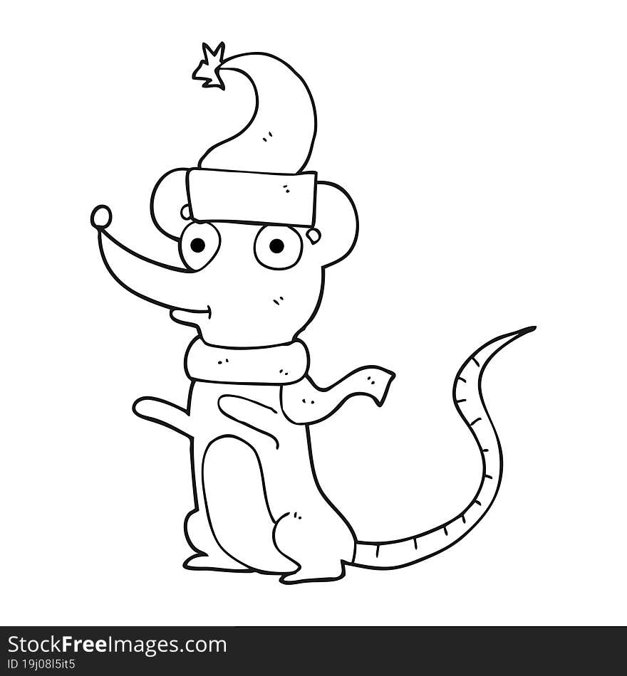 Black And White Cartoon Mouse Wearing Christmas Hat