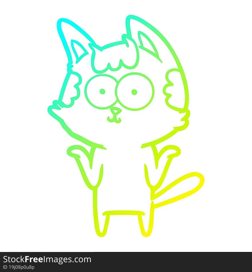 cold gradient line drawing happy cartoon cat shrugging;shoulders