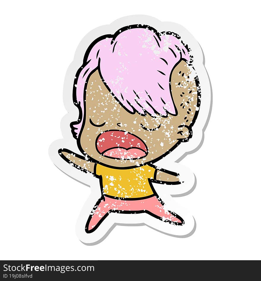 distressed sticker of a cartoon cool hipster girl talking