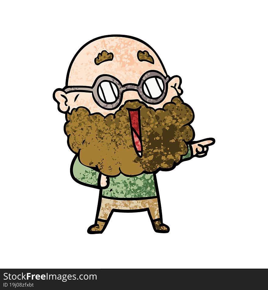 cartoon joyful man with beard pointing finger. cartoon joyful man with beard pointing finger