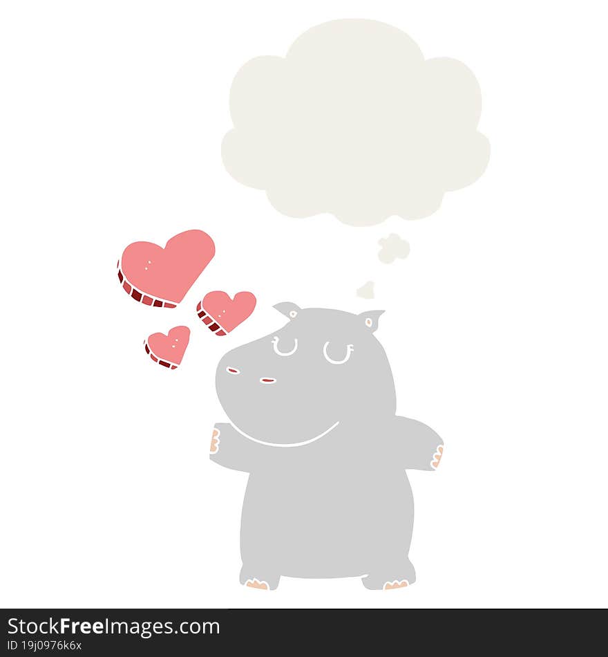 cartoon hippo in love with thought bubble in retro style