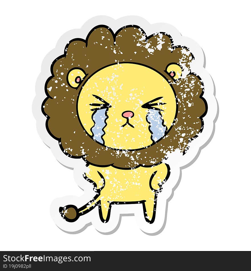 distressed sticker of a cartoon crying lion