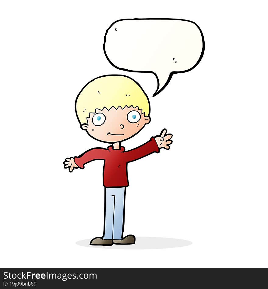 cartoon happy waving boy with speech bubble