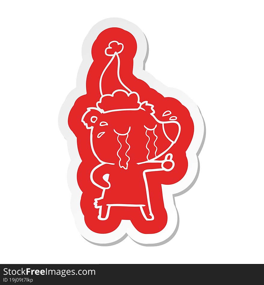 Cartoon  Sticker Of A Crying Bear Wearing Santa Hat