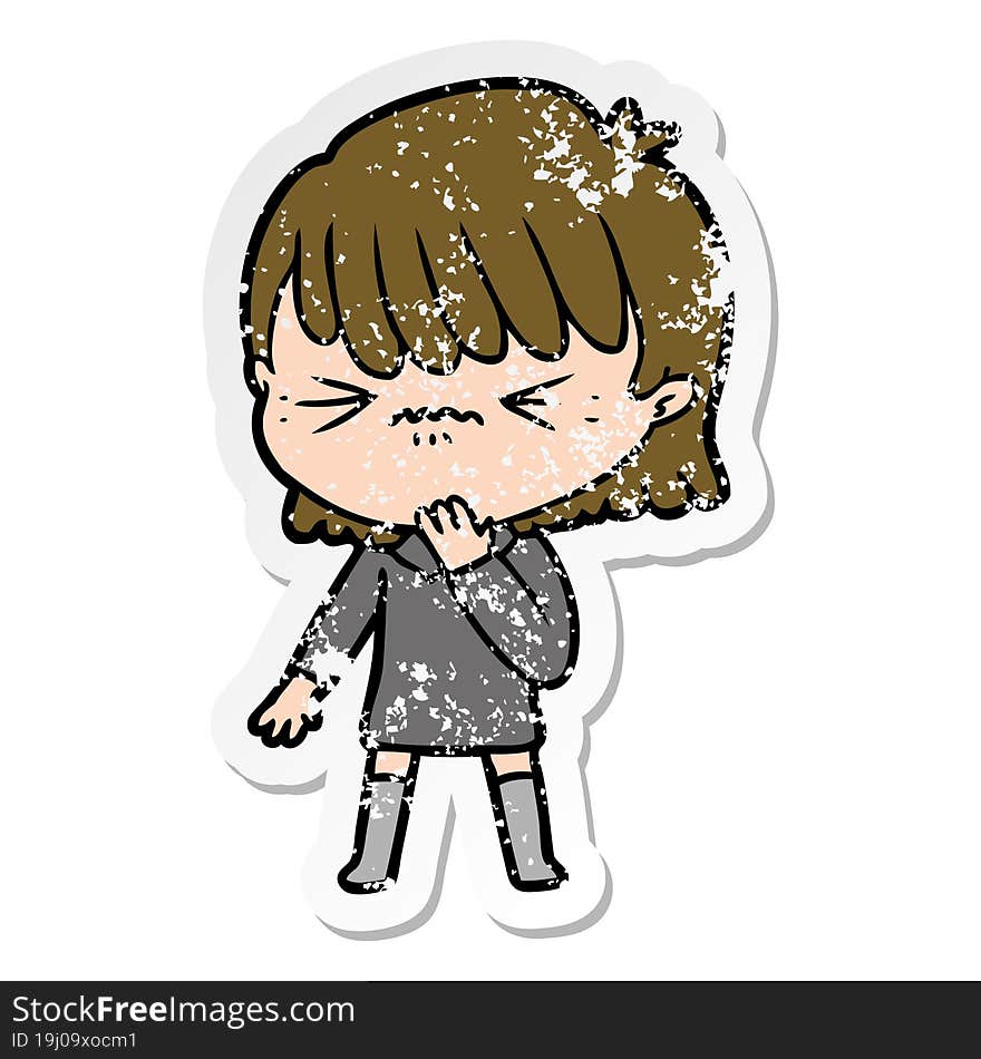 distressed sticker of a cartoon girl regretting a mistake